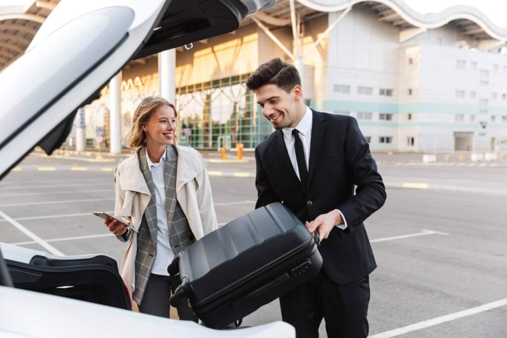 Man in suit helps woman load black suitcase into white car trunk.