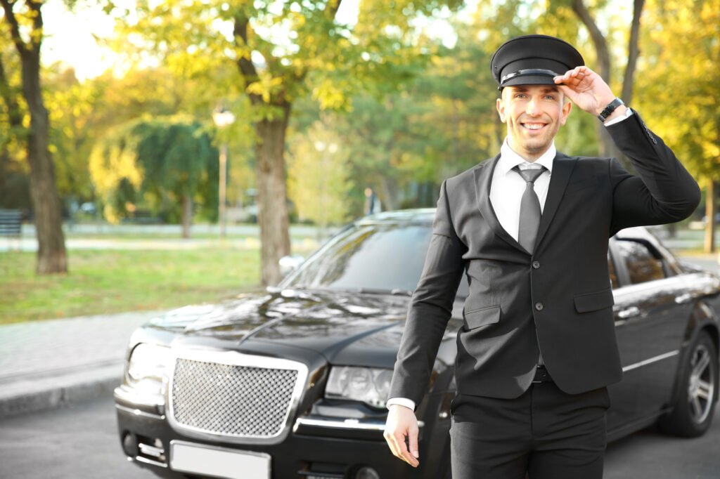 "A smiling chauffeur in a black suit and cap stands in front of a black luxury car, with a park and trees in the background."