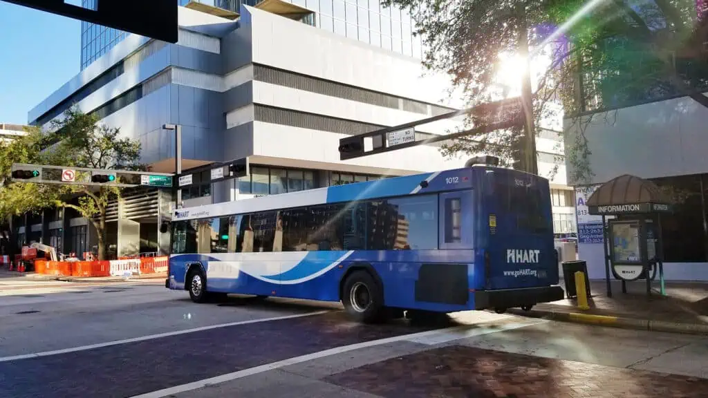 A blue and white HART public transit bus with the number "1012" on the back, driving on a city street during the day, with buildings and a bright sun flare in the background.